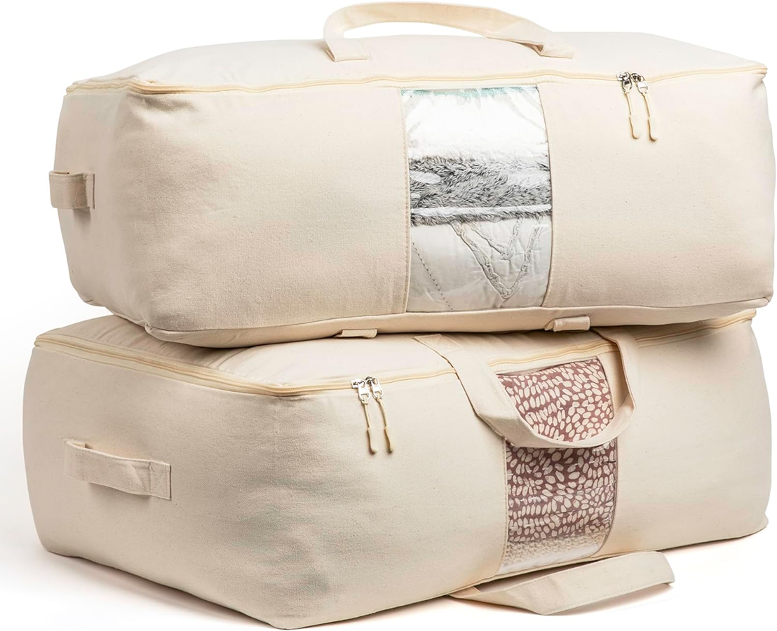 Soft Canvas Storage Bags with Zipper. Thick Breathable, 2pc King/Queen Comforter Organizer. Four Carrying Handles and Window. Large 25x19x9in Bag for Sheets